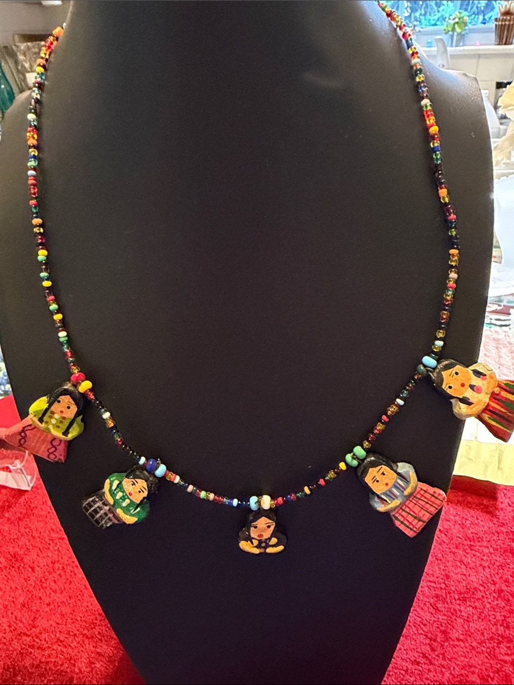 Vintage Hand-Painted glass seeded bead necklace with Doll Charms